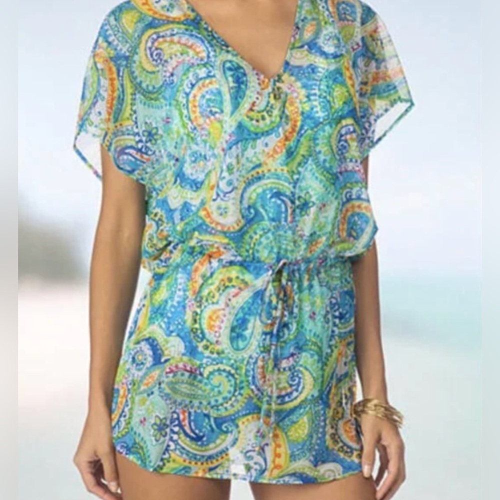 Lauren Ralph Lauren Sheer Blue/Green Paisley Swim Cover-Up Boho Dress Sz Medium